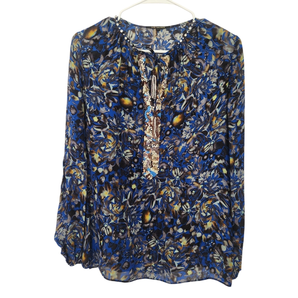 Kobi Halperin Silk Blend Beaded Embroidered Floral Blouse S Blue Cottage Boho